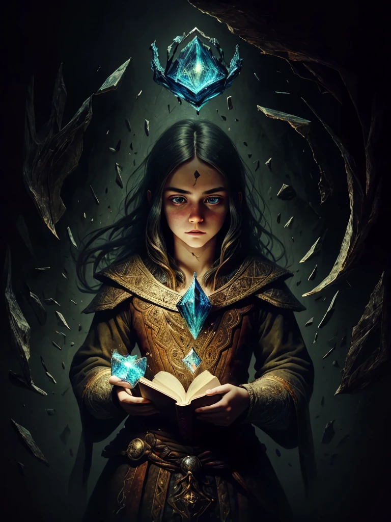  1girl, dwarf, 8 k, intricate , elegant, Main detail, majestic , digital photography , cowboy shot, surreal painting ,Broken glass ,( masterpiece , side lighting, finely detailed  beautiful  eyes:1.2),HDR,void3energy,  beautiful , masterpiece , glowing runesAIV2 _yellow,  1girl, a wizard, magician. With a book in hand.  With a magic wand.  Turn into 3/4 portrait .  looking away .