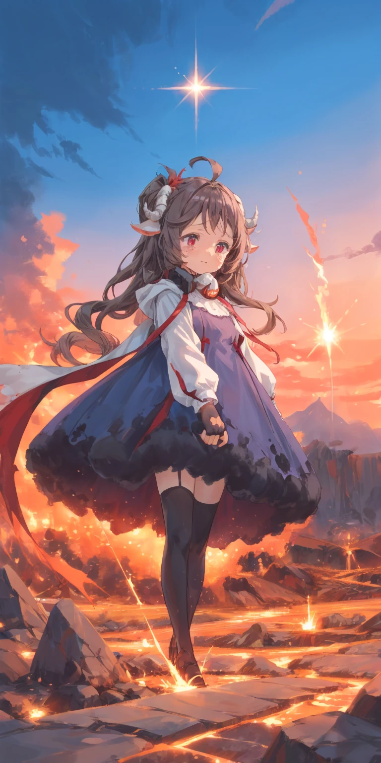 solo,1girl\((EyjafjallaBase):1.3, curled horns, ahoge, mask around neck, purple dress, white cape, fingerless gloves, black thighhighs,(tears:1.3)\).background\(realistic detailed volcano:1.2),beautiful red sparks,Lots of fireballs,(great eruption:1.3), lava,flare,(prominence),beautiful stardust,(burning sky:1.3)\),(landscape:1.4),(dynamic angle:1.3).,dynamic angle. score_9, score_8_up, score_7_up, score_6_up, score_5_up, score_4_up, source_anime,source_furry,rating_safe,rating_questionable,masterpiece, best quality, perfect anatomy , very aesthetic , absurdres ,