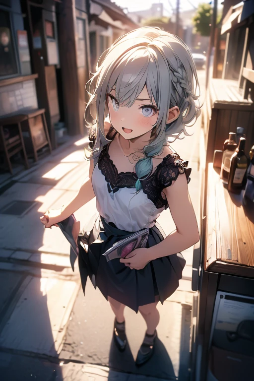 mash kyrielight, White hair, short hair, red eyes, girl, woman, female, little, child, 10 years old, medium hair, curly hair, bangs, eyes visible through hair, side braid, white hair, multicolored hair, red  inner color, beautiful detailed Glass hair, delicate beautiful face, red pupils, fangs, small_breasts, pale blue eyes, white skin, choker, gloves, nice hands, perfect hands, camisole, (holding fruit), lemon, (grapefruit), parted lips, blush, skirt, earring, (holding food), bang, in fruit market, more_details:-1, more_details:0, more_details:0.5, more_details:1, more_details:1.5