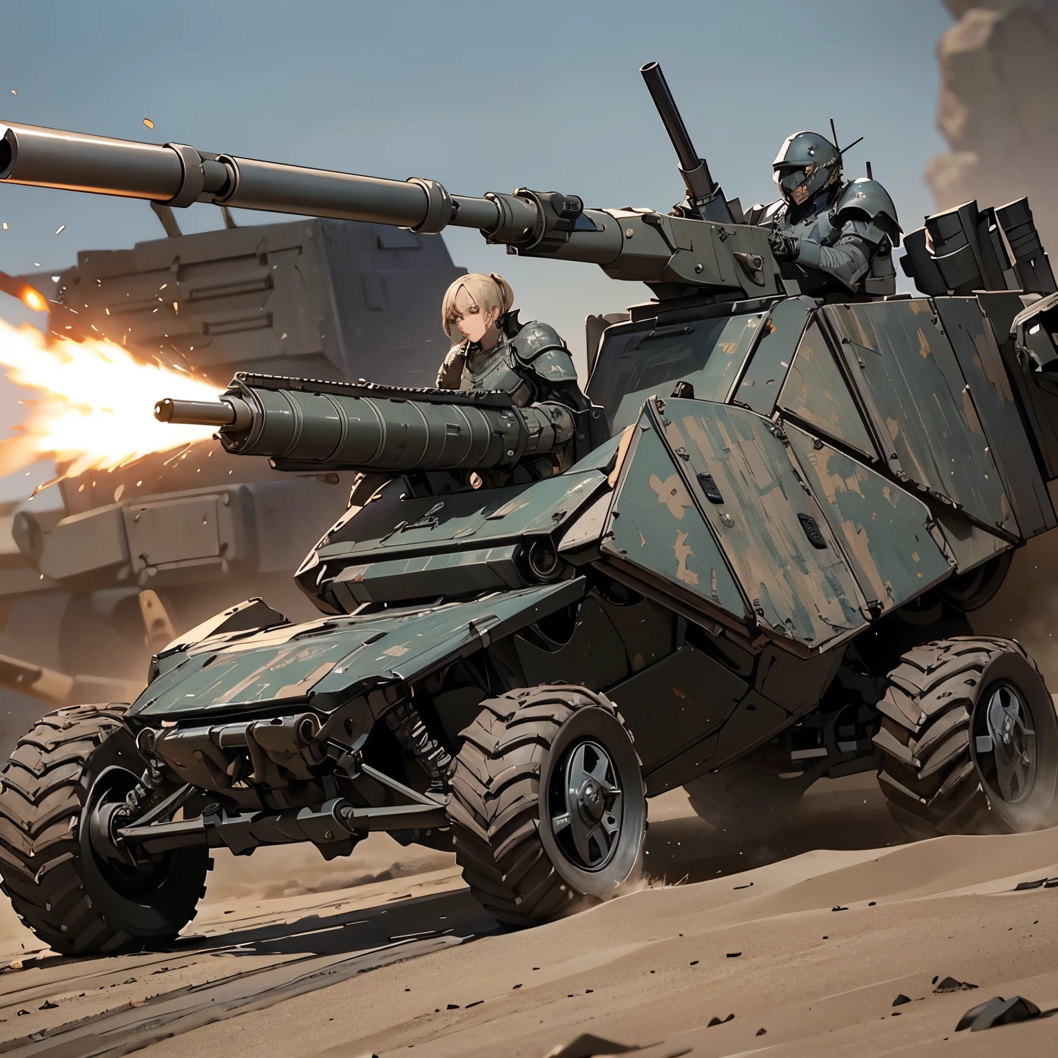 quality\(masterpiece, best quality,8k,wallpaper of extremely detailed CG unit,hight resolution,top-quality,top-quality real texture skin,hyper realisitic,increase the resolution,RAW photos,best qualtiy,highly detailed,the wallpaper\), BREAK ,tank\(armored,thick armor, (many steel plates retrofitted:1.4), (huge cannon\((beam cannon:1.4), glowing blue-white\):1.4), camouflage paint,(huge caterpillar:1.4), (exhaust muffler on top\(smoke\):1.3), smashing rocks, futuristic\), background\(rough, rocky road,battle field, many bullets comming, explosions\)