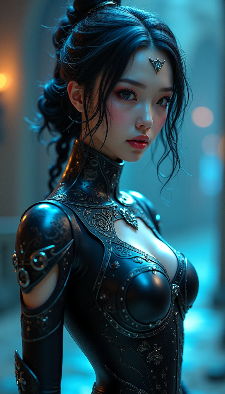 Character sheet, ultra-detailed complex 3d rendering with porcelain profile of Vietnamese character, maximalist beautiful studio soft light, rim lighting, vibrant details, lace, hyper-realistic, hand, facial muscles, electric wires, microchip, elegant, beautiful background, octane, H.R. style giger --auto