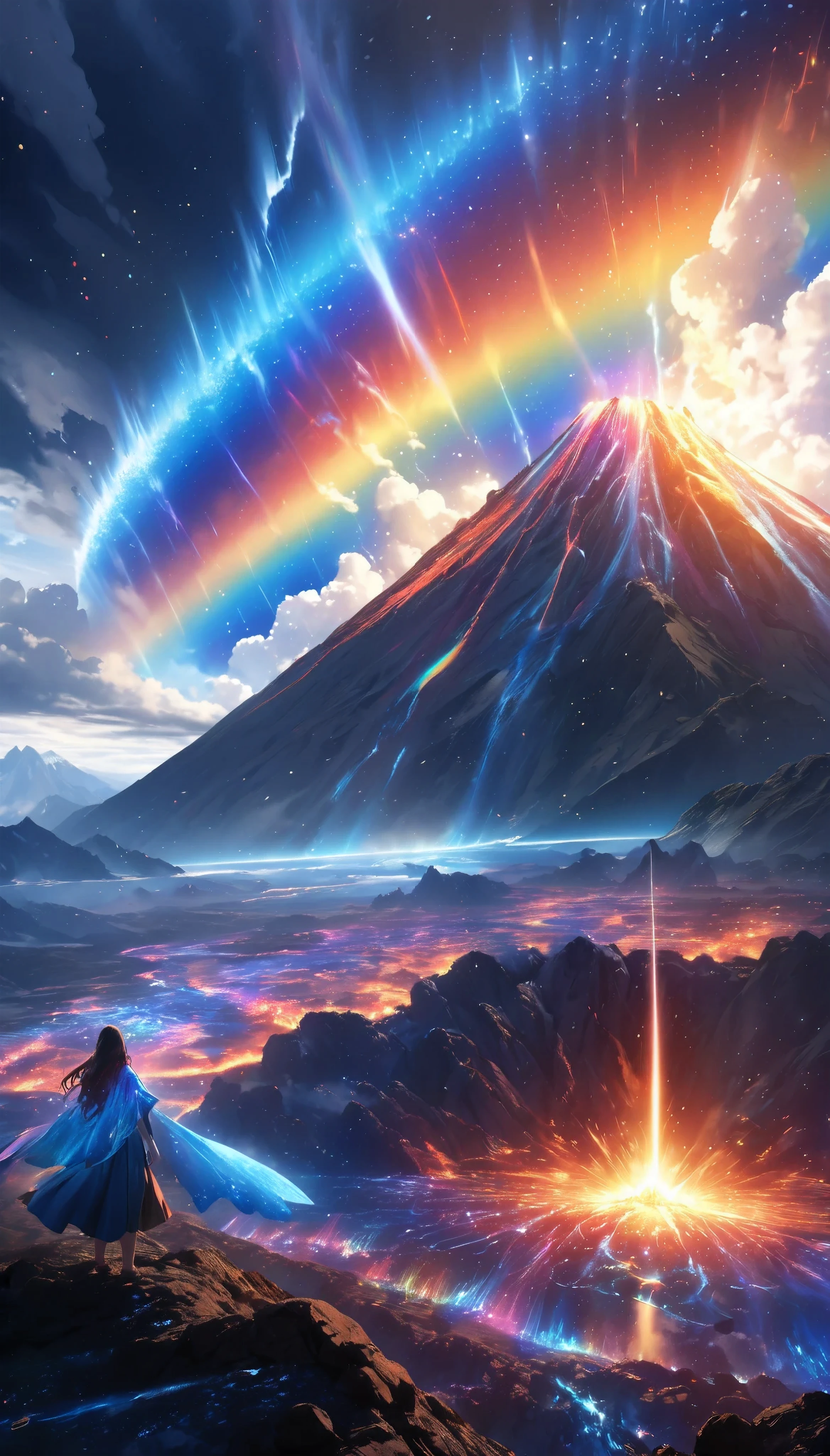 a volcanic eruption, realistic, dramatic scenery, erupting rainbow-colored light, reflecting a hopeful future in a world of dark clouds, a mystical space scattering glittering particles, the descent of a divine goddess in a dark fantasy,  holographic shining overlay, A ray of blue light ,  Dynamic, random