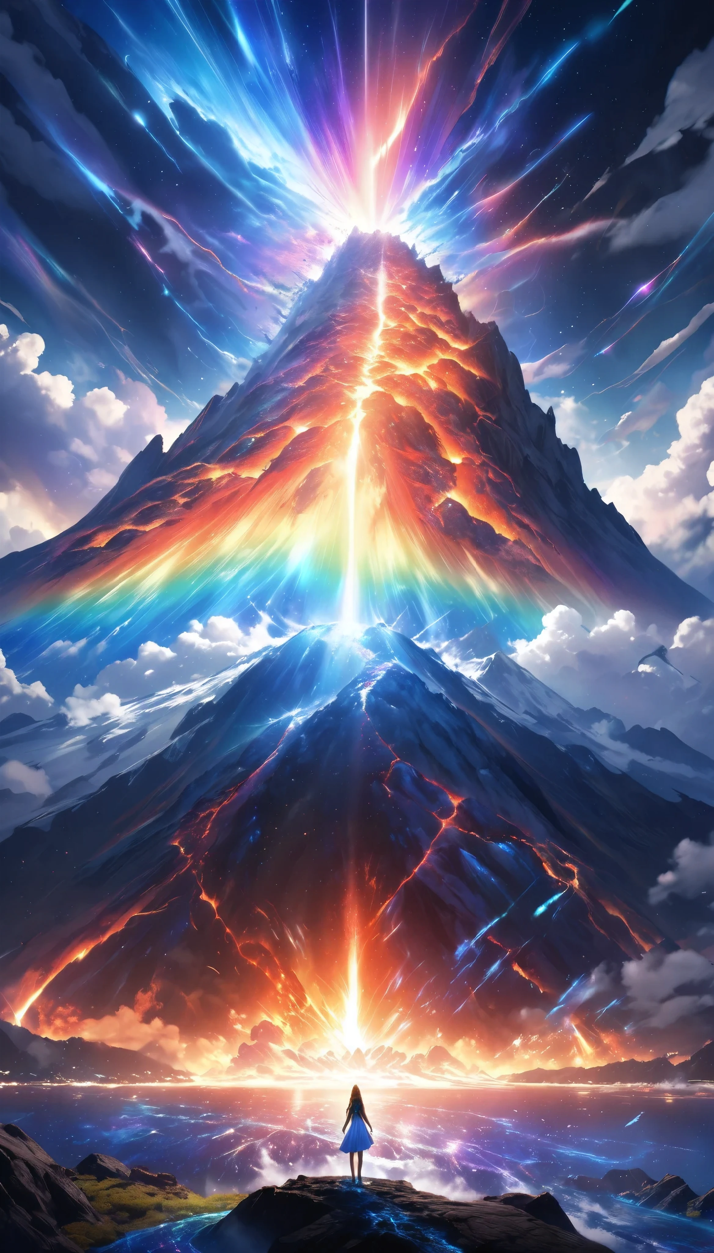 a volcanic eruption, realistic, dramatic scenery, erupting rainbow-colored light, reflecting a hopeful future in a world of dark clouds, a mystical space scattering glittering particles, the descent of a divine goddess in a dark fantasy,  holographic shining overlay, A ray of blue light 