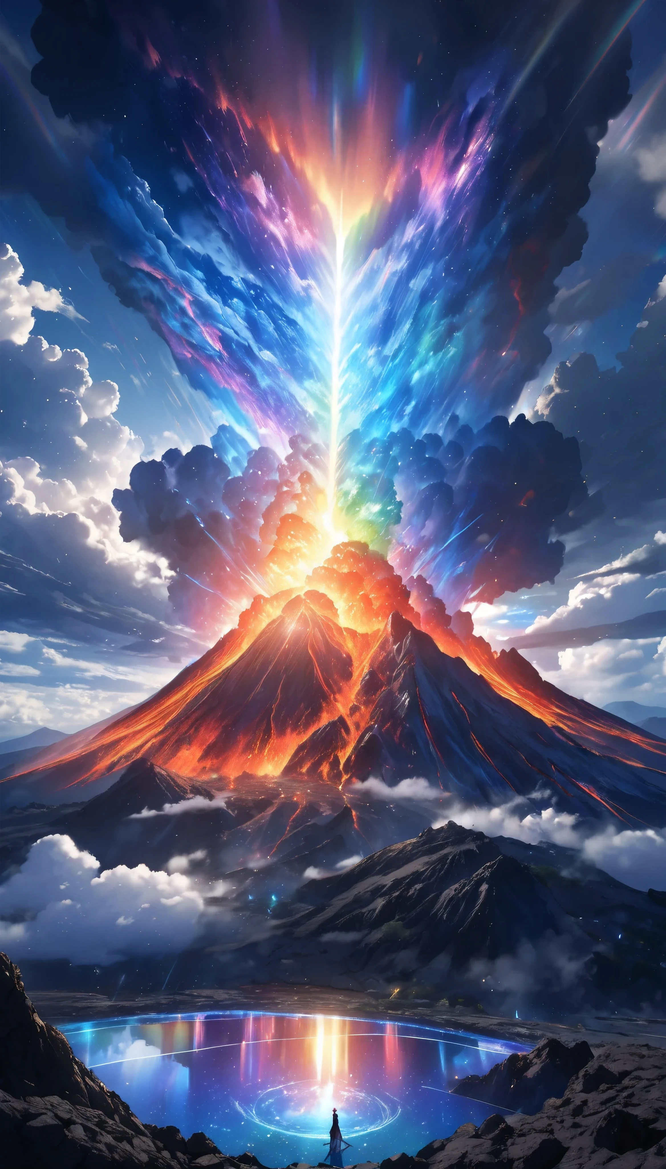 a volcanic eruption, realistic, dramatic scenery, erupting rainbow-colored light, reflecting a hopeful future in a world of dark clouds, a mystical space scattering glittering particles, the descent of a divine goddess in a dark fantasy,  holographic shining overlay, A ray of blue light from the crater,  Dynamic, random