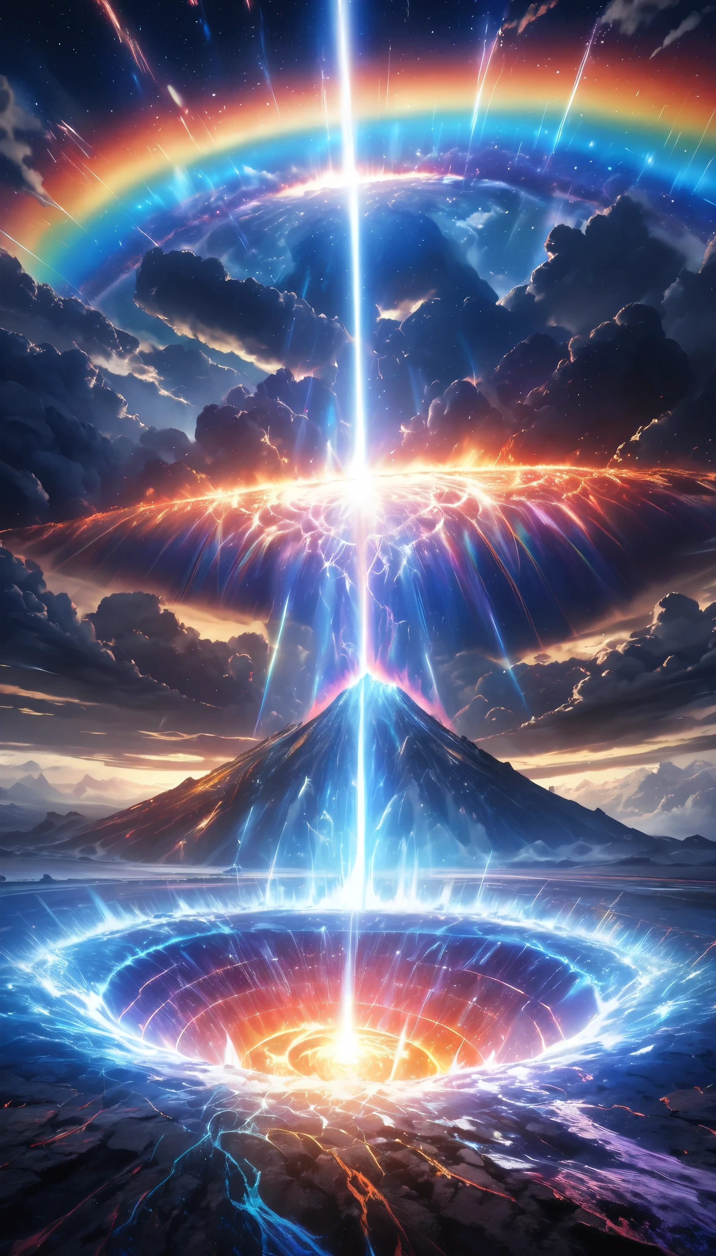 a volcanic eruption, realistic, dramatic scenery, erupting rainbow-colored light, reflecting a hopeful future in a world of dark clouds, a mystical space scattering glittering particles, the descent of a divine goddess in a dark fantasy,  holographic shining overlay, A ray of blue light from the crater,  Dynamic, random, Sharp and precise lines , 