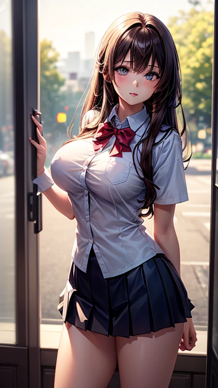 (2girls), Brown hair, Amazing face and eyes, Pink eyes, (hi-school uniform with wide open breasts:1.2), beautiful big breasts, bare breasts, (amazingly beautiful girl), Brown hair, (High School Uniform, Pleated mini-skirt:1.5), ((Best Quality)), (Ultra-detailed), (extremely detailed CG unified 8k wallpaper), Highly detailed, High-definition raw color photos, Professional Photography, (((Bokeh))), depth of fields,
