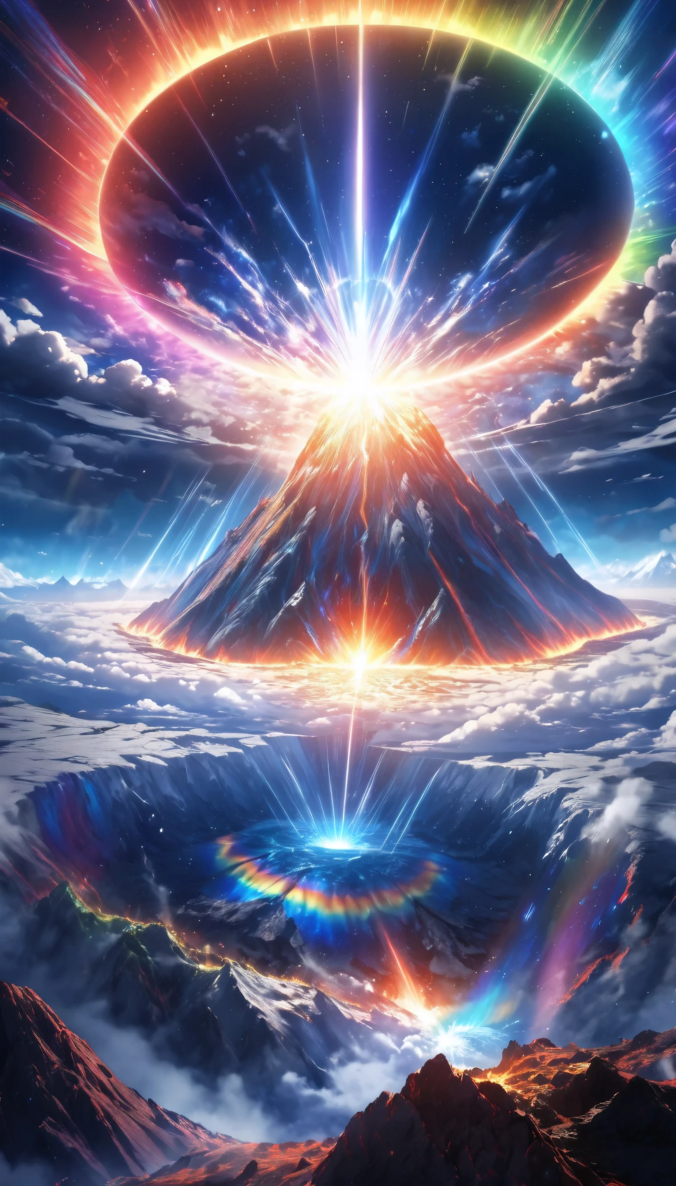 a volcanic eruption, realistic, dramatic scenery, erupting rainbow-colored light, reflecting a hopeful future in a world of dark clouds, a mystical space scattering glittering particles, the descent of a divine goddess in a dark fantasy,  holographic shining overlay, A ray of blue light from the crater,  Dynamic, random, Sharp and precise lines , 