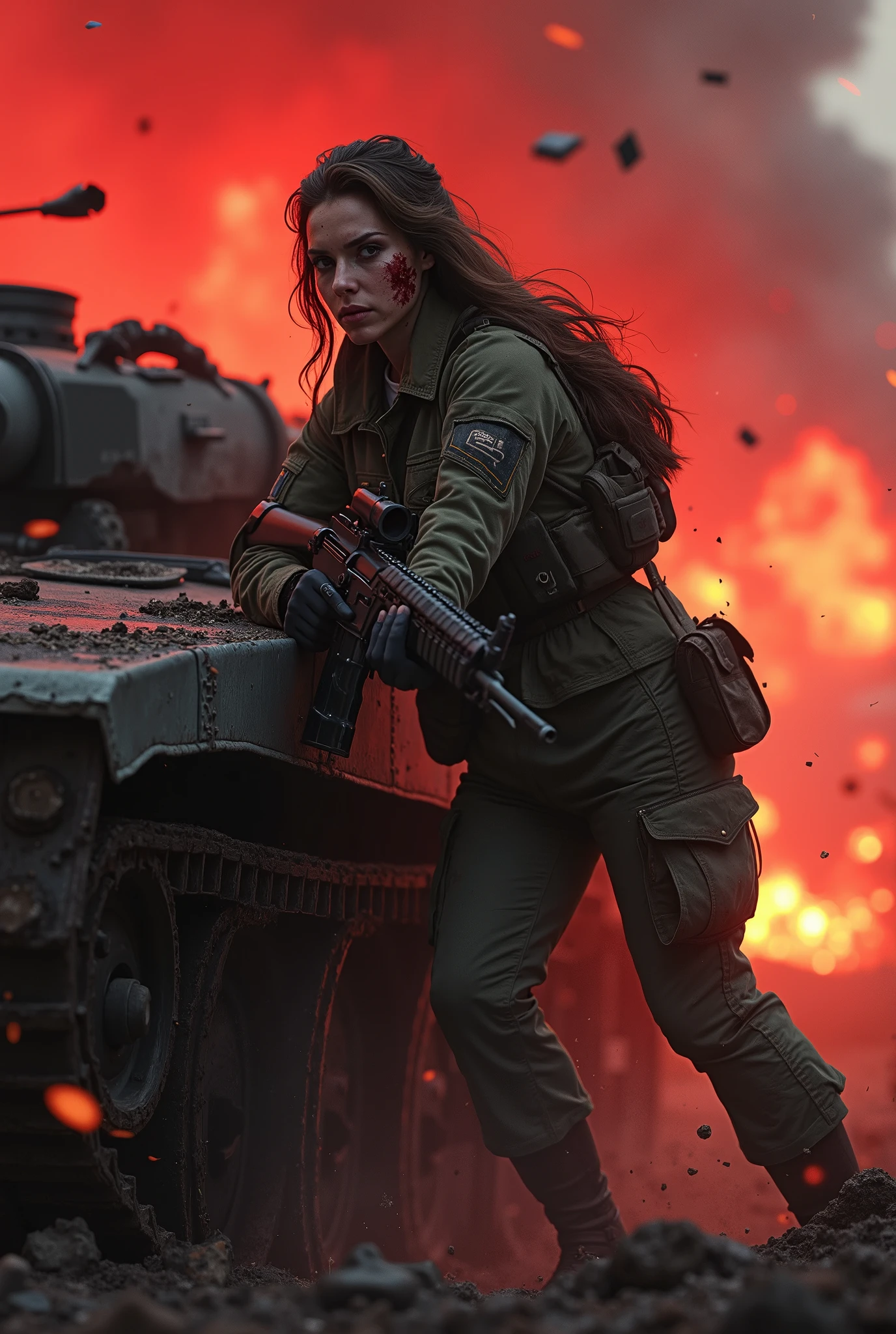 A badly wounded female soldier sits leaning against the side of a battle-worn tank, rifle in hand. Amid the intense battle, flames and smoke from nearby explosions fill the chaotic area, casting a bright red glow over the devastation. Debris flies through the air as she nimbly maneuvers, a stained face of determination. In the midst of this turbulent war, she stands firm.