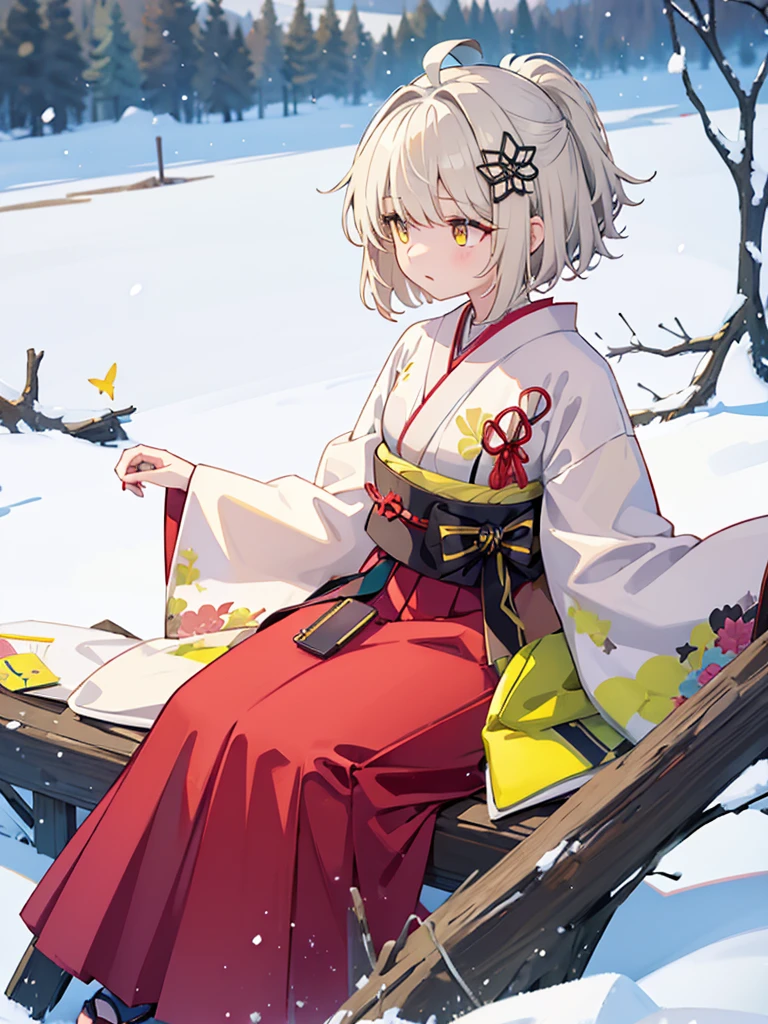 (One middle school girl)、{scene_ Arknights :1.3}、、Ahoge, hair_ ornament, short_hair、 ponytail tied with black ribbon、yellow_eye,8k、、 top quality, masterpiece,  high definition , Alone、 perfect anatomy 、、Full body painting、The background is the Japanese countryside、Snow Scene、(White Japanese kimono:1.2)、(red midi skirt :1.2)