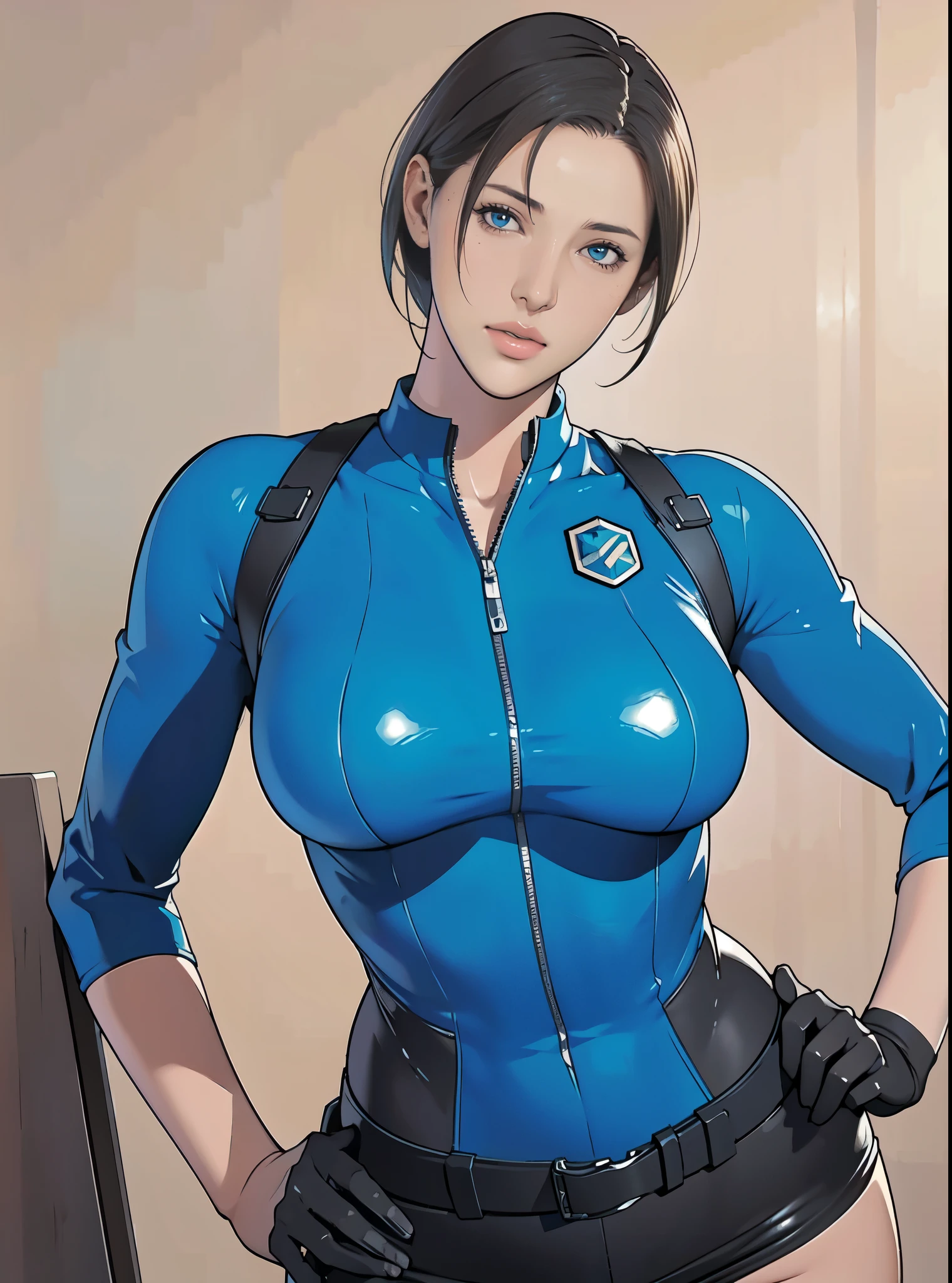 jill Valentine，Jill Valentine， delicate face ， pretty eyes，bust，Slim waist，Hands on hips，Good figure， perfect figure ，masterpiece