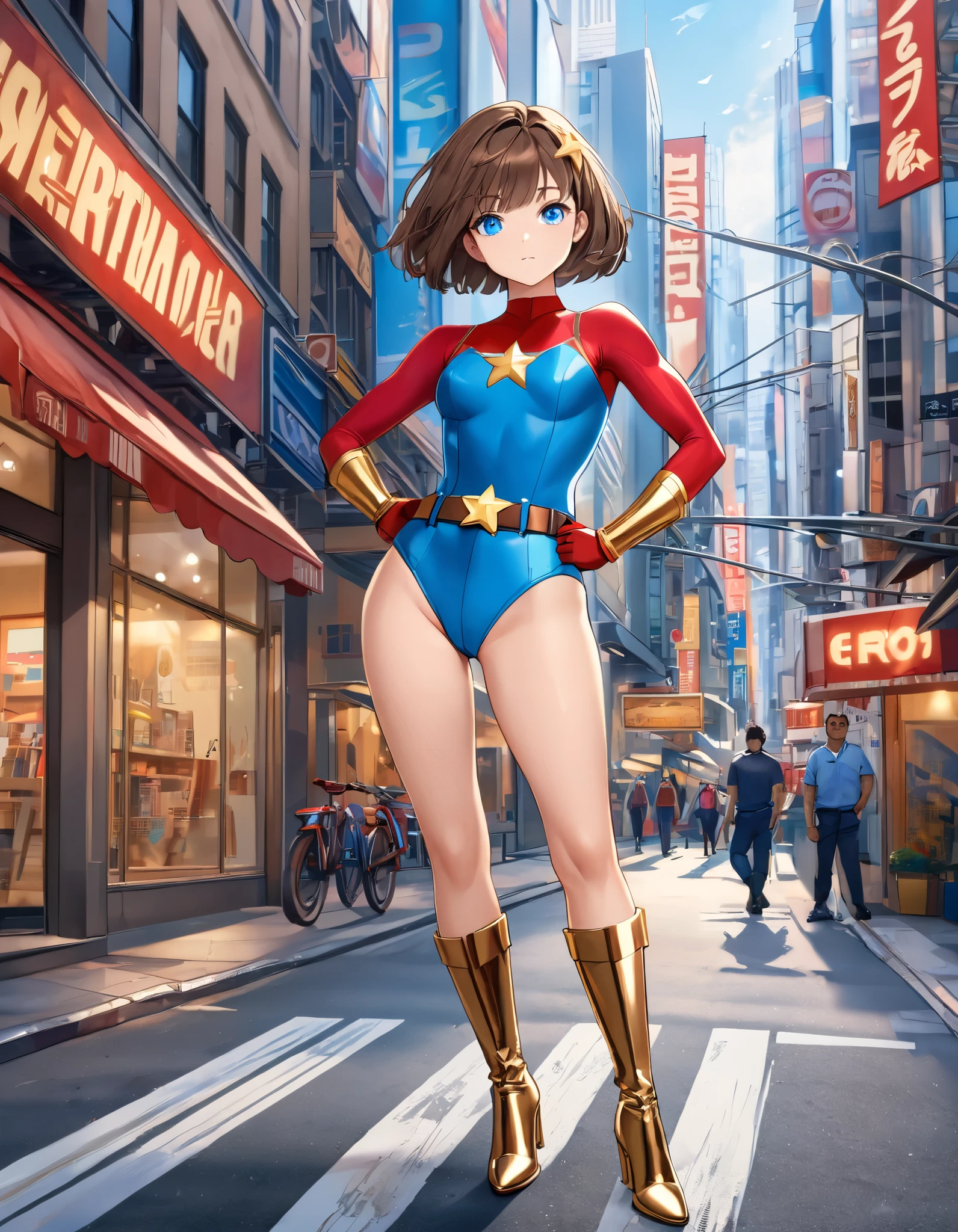 Masterpiece, best quality, high res, 8k, solo, solo focus, 1girl, superhero, brown hair, Bob hair, blue eyes, bangs, red and blue leotard, (blue briefs), (bare legs:1.2), matching boots and gloves, ankle boots, high heel boots, (star belt, high-waisted belt, gold belt), hands on hip, city street