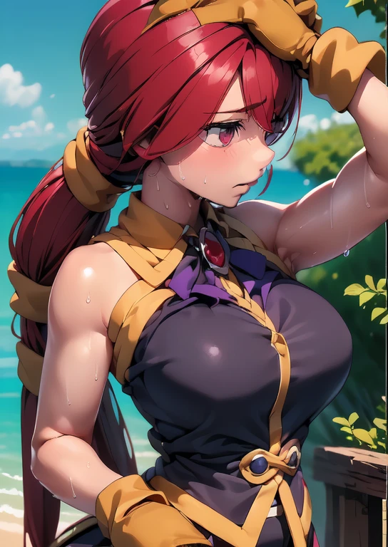 source_anime, anime screencap, beautiful, Monica, red hair, hair tie,  red eyes,  Short Ponytail , ((front view)), (1 girl, Alone:1.2), (Sweat:1.3), (Feeling hot), ( sandy beach, coastal), ( Disproportionate Bust), ( huge bust :1.2), (muscular girl, slim:1.4), break, ( bare shoulder  , jewelry,purple collared shirt ,brooch, brown asymmetrical gloves), big hip, break,  ( hands on head, side:1.4), break, (( upper body)), break, (Healthy), here we go、 let's start the party。 Big Fish、Small fish、Cardboard boxes, ( watch viewers:1.2), Stand on both feet,