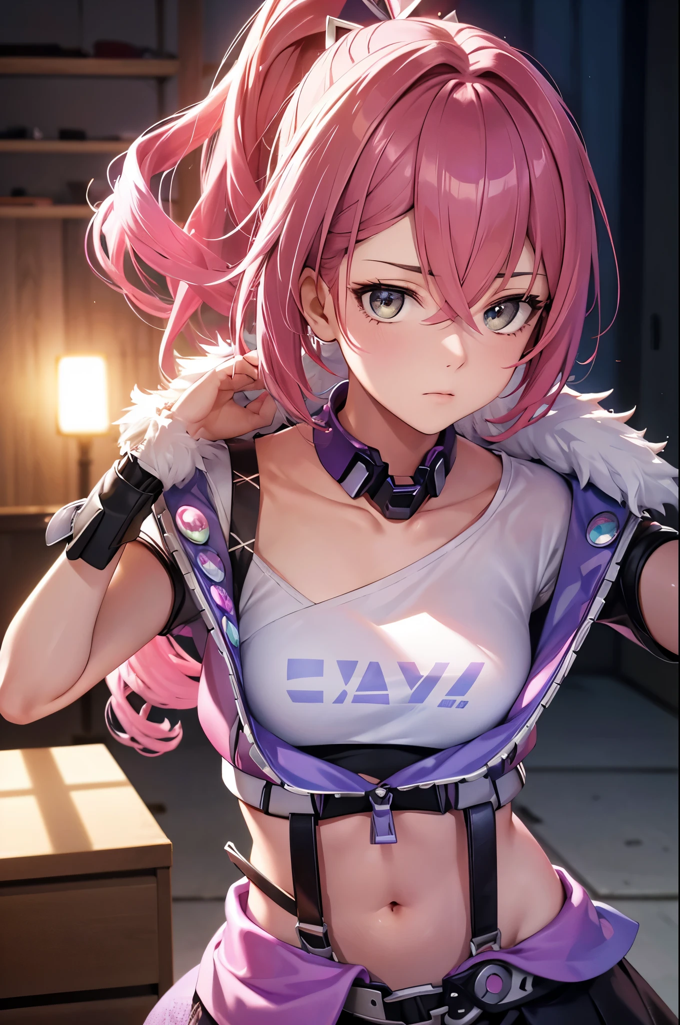 ((Masterpiece)), best quality, absurderes, ultra detailed, holographic, cowboy shot, golden ratio, super cute girl, mature girl, idol girl, super beautiful asian girl with very beautiful violet glowing eyes, beautiful glowing brown multicolored hair, high ponytail, nice and sexy body, slim body, perfect body, an anime printed super tight off shoulder long sleeve crop top, a super aesthetic transparent mini jacket, beautiful hair ornament, pink jordan tennis, being photographed in a mall shop,( undressing, showing neon pink panties, showing thong: 1.5)