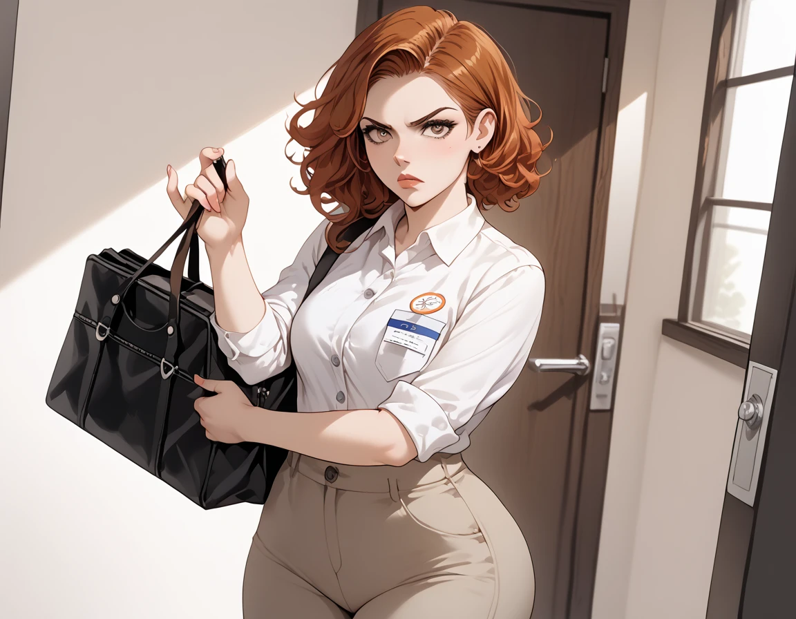 {{score_9, score_8_up, score_7_up, source_anime, rating_safe}} soft_shading, 1girl, auburn_hair, straight_hair, lips, brown_eyes, employee_uniform, wide_hips, denin_pants, annoyed, upset, frowning, carrying a satchel, standing at a a front door, looking at the viewer.