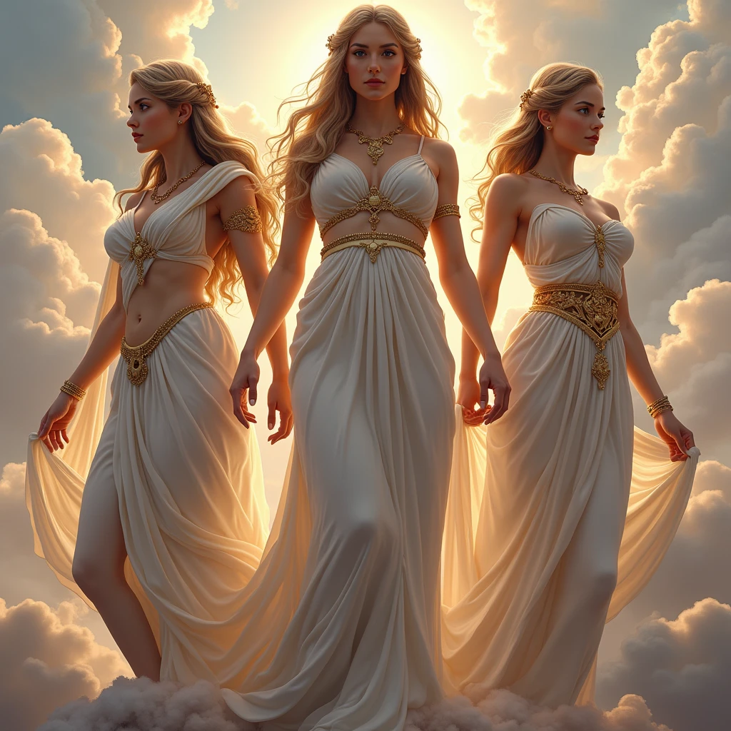 10girls, mature females, ethereal, goddess, large breasts, vivid color, white greek peplos, golden hair, bare shouders, perfect female figure, arms up, armpits, thighs, light smile, expressionless, trending on Art Station, masterpiece, 8k resolution, fantasy art,
