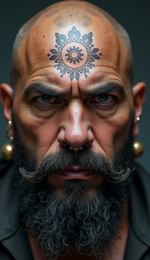 A close-up portrait of a bulky, muscular middle-aged man with a square jaw. He is bald, with a thick mustache ((no beard)) ((no goatee)). Colourful cryptic mandala tattooes are on his head, radiating soft, ethereal light. The man wears ethnic titanium earrings and a matching nose ring, intricately designed with cultural patterns. The lighting is realistic, highlighting the rugged texture of his skin and the soft glow of the tattoo. The background is blurred and neutral, drawing attention to the intensity of his gaze and facial features.

