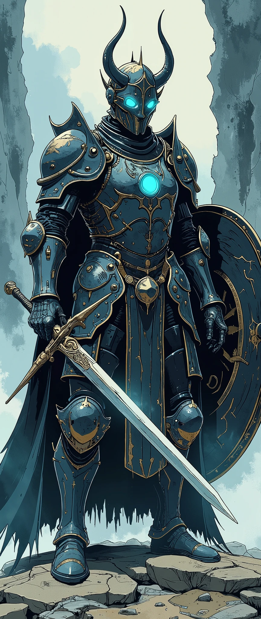 (masterpiece:1.2,Superior Quality,Mirror finish, cinematic experience , best illustrations , super detailed),8k,16k,wallpaper( dark soul style :2.0 ),(watercolor),(Knight of the Abyss ), Abyss Sword ,, Shield of the Abyss , Abyss Armor ,( blue shining eyes :2.0),(1 person),( The background is a beautiful blue, gray, and black gradient),( The background is an abyss :2.0)