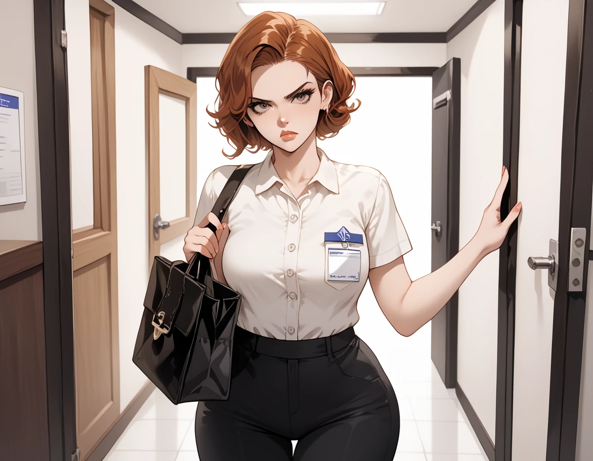 {{score_9, score_8_up, score_7_up, source_anime, rating_safe}} soft shading, 1girl, auburn hair, straight_hair, lips, brown_eyes, employee_uniform, wide_hips, denin_pants, annoyed, upset, frowning, carrying a satchel, standing at a a front door, looking at the viewer.