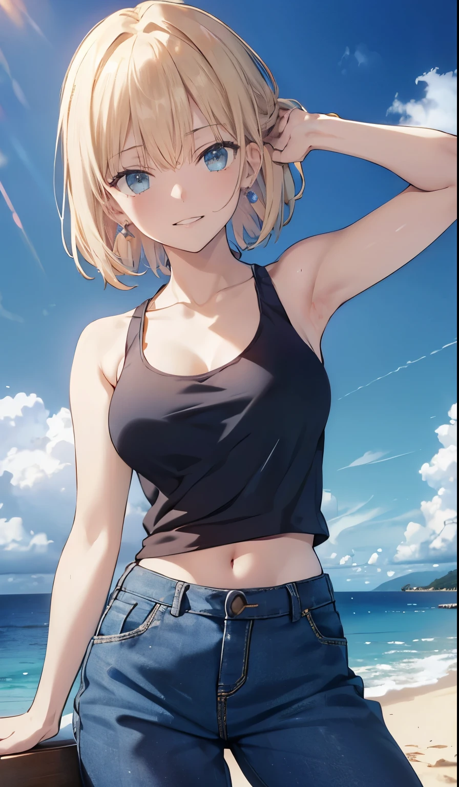 ((smile,smile,Big Breasts,Blonde)),(  top quality,4K,  High Definition :1.2),   Melody Mark, absurd ,  ultra-detailed,  bright color , (Tank top:1.5) ,  (Short pants bikini:1.3) , asymmetrical bang ,  Blonde,  shiny hair, Delicate beautiful face, blush、( deep blue eyes:1.3),  white skin,  hair clip,  earrings for a woman alone,   Necklaces  , Beautiful Clouds, Clear sky,Seaside, sexy pose , moon,Sexy Costumes