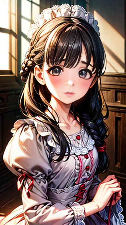 ( High Quality 、 high definition 、超 high definition ,４ｋ、８ｋ)、 cute girl、 Generation、 has long eyelashes、 big eyes、 clear eyes、Cherry-colored cheeks、( anatomically accurate )、 Shapely body inspired by 、Sharp body、 beautiful collarbone 、 French braid 、( Beautiful Lolita Dress :1.4,Ruffles are cute )、  Digital Painting ,
