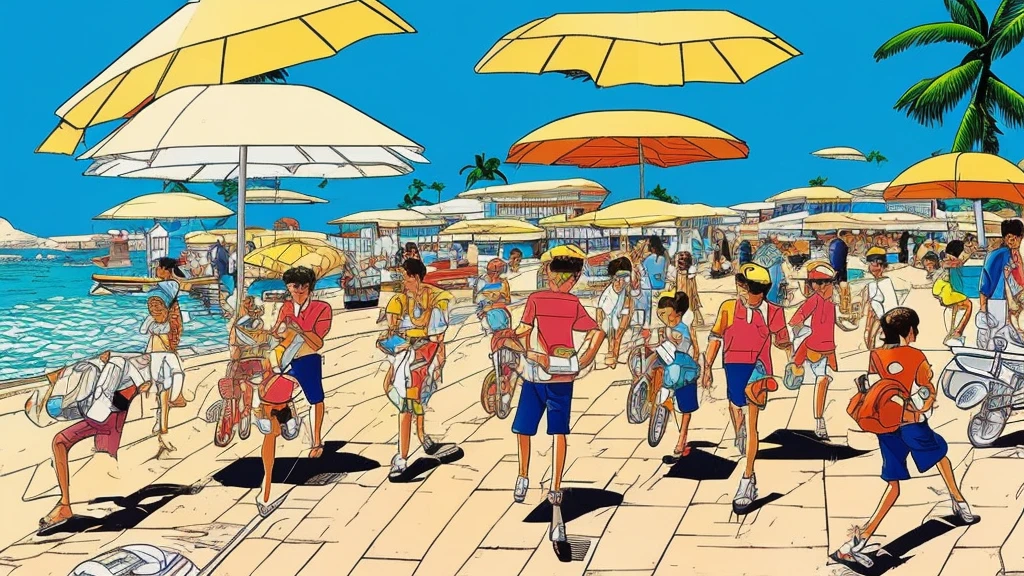 cartoon of a beach scene with people walking and riding bicycles, a digital rendering by Hiroshi Nagai, instagram, naive art, rio de janeiro in an anime film, laurent durieux, herge, eichiro oda, 1980s art, komatsuzaki retro-futurism, 1 9 8 0's art, ( art fitzpatrick )