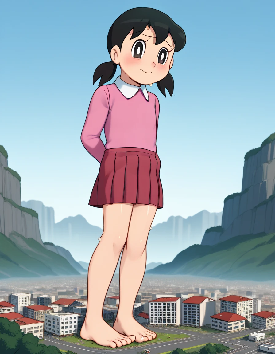 safe_pos, score_9, score_8_up, score_7_up, score_6_up, source_anime, giantess, macro, very sweaty, bigger than an island, barefoot, landscape, cityscape, smug expression, mischievous smile, 1 girl, medium penis, testicles, erect penis, semen, veiny penis, wrinkled testicles, female body, full body, slim, erect penis, masturbation, building destruction, cracked building, semen in city, shaking, motion lines, minamoto shizuka \(doraemon\), black hair, low pigtails, short pigtails, black eyes, pink shirt, white collar, blue skirt,