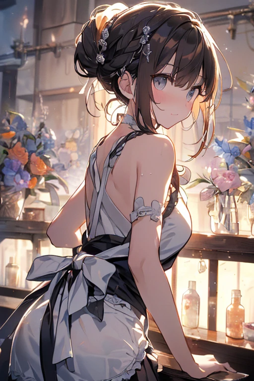 (A masterpiece of image quality in 8K),(Beautiful Allafed Woman),(((emphasizing breasts:1.1))),(Dynamic angles),(Dynamic and sexy bending pose:1.3),(sit a chair:1.1),(Short hair in shiny silver and orange inner colors,small full breasts,Disturbance of clothing due to movement,breast slip,(Ponytail twisted buns adorned with elaborate braids and beads,Braided Setup Fishbone Hair,),(see-through bangs),(perky chest:1.1), (pointed chest:1.3), small breasts、(((A white lace apron that shows your bare skin from under your small breasts)))、Blush with embarrassment、Enraptured eyes、A smile that beguiles the viewer、(Look back:1.7)、Look into the photographer,skin glistening with sweat,gazing at viewer,,(Professional Lighting),(8K,masutepiece,top-quality,Ultra-high resolution output image,),(Ultra HD with complex detail image modes),depth of fields,Beautiful hands,Beautiful fingers,Detailed finger features,(Detailed hair features:1.7),detailed facial features,detailed clothes features, (perky chest:1.1), (pointed chest:1.3),