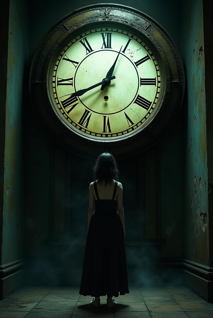 A huge clock of a time maxhine wirh a girls picture that is vague and very dark colours included and looks a bit scary and gives dark vibes and with twisting musteriius nature and other details make it blackened darkness and only the clock visible and not any other part of it and no other part of picyure with a girl's face vaguely shown inside of the clock