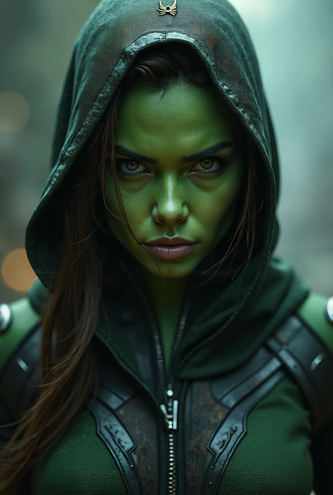 linda mulher, (((inspirada em "Gamora" de "Guardians of the Galaxy"))), roupas de Alien, ((Autorretrato de meio corpo frontal)), 8k UHD, DSLR, grain of film, pintura fotorrealista Fujifilm XT3 arte midjourney, ((as Zoë Saldaña)),