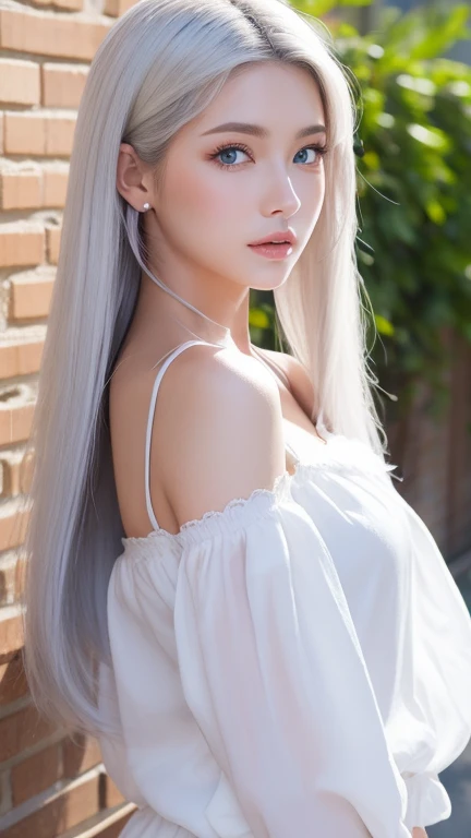 Silver-white beautiful girl with long hair，White Dress，flat chest，White skin，Stick out your tongue，Cute and playful，Girlfriend，