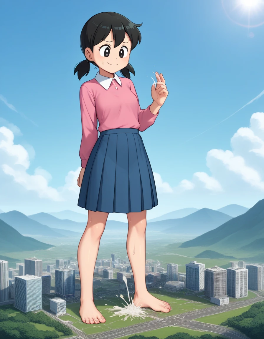 safe_pos, score_9, score_8_up, score_7_up, score_6_up, source_anime, giantess, macro, very sweaty, bigger than an island, barefoot, landscape, cityscape, smug expression, mischievous smile, 1 girl, medium penis, testicles, erect penis, semen, veiny penis, wrinkled testicles, female body, full body, slim, erect penis, masturbation, building destruction, cracked building, semen in city, shaking, motion lines, minamoto shizuka \(doraemon\), black hair, low pigtails, short pigtails, black eyes, pink shirt, white collar, blue skirt,