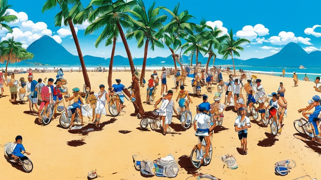 cartoon of a beach scene with people walking and riding bicycles, rio de janeiro in an anime film, by Hiroshi Nagai, by Hirohiko Araki, by Candido Bido, by Yanagawa Nobusada, by Hiroshi Honda, laurent durieux, by Nakahara Nantenbō, by Watanabe Kazan