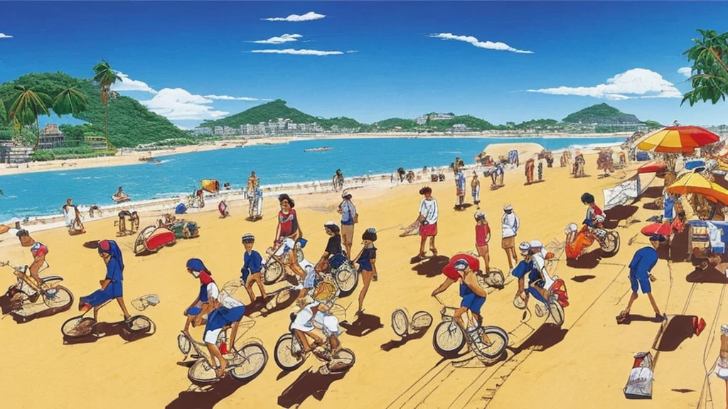 cartoon of a beach scene with people walking and riding bicycles, rio de janeiro in an anime film, by Hiroshi Nagai, by Hirohiko Araki, by Candido Bido, by Yanagawa Nobusada, by Hiroshi Honda, laurent durieux, by Nakahara Nantenbō, by Watanabe Kazan