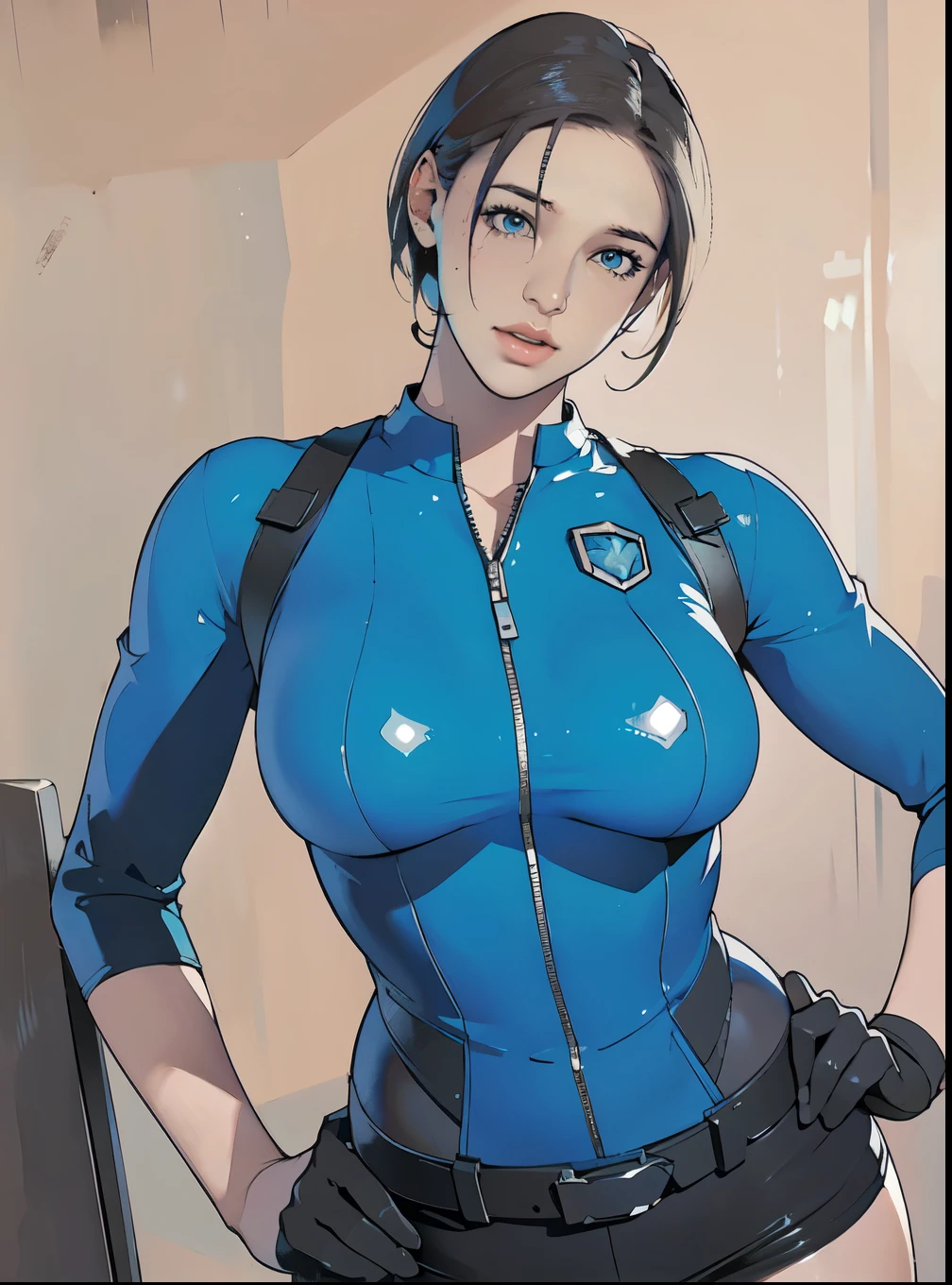 jill Valentine，Jill Valentine， delicate face ， pretty eyes，bust，Slim waist，Hands on hips，Good figure， perfect figure ，masterpiece