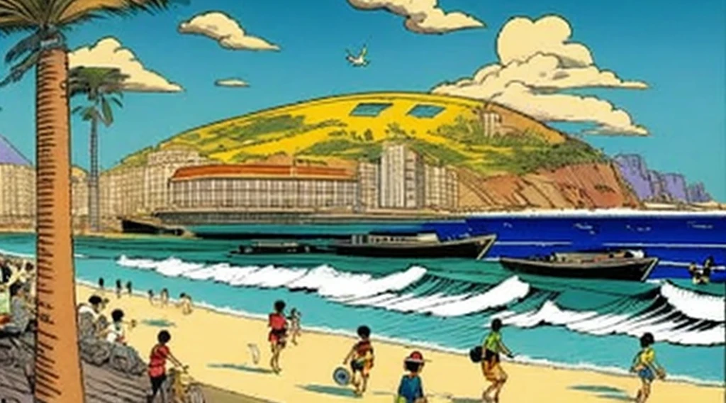 cartoon of a beach scene with people walking and riding bicycles, rio de janeiro in an anime film, by Hiroshi Nagai, by Hirohiko Araki, by Candido Bido, by Yanagawa Nobusada, by Hiroshi Honda, laurent durieux, by Nakahara Nantenbō, by Watanabe Kazan