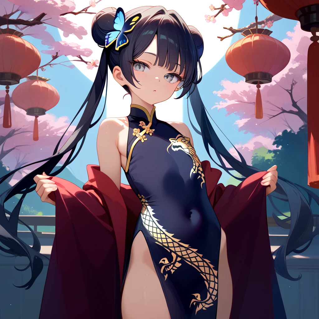 masterpiece,  top quality,  perfect face,  highest resolution, eyes showing the navel, Ryuuge Kisaki,  1 girl, young,  gray eyes,  black hair,  bun hair ,  twin tails, Butterfly Hair Ornament,  long hair,  flat chested, Chinese Dress , dragon print, Gold embellished dress,