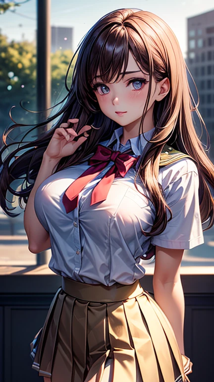 (2girls), Brown hair, Amazing face and eyes, Pink eyes, (hi-school uniform with wide open breasts:1.2), beautiful big breasts, bare breasts, (amazingly beautiful girl), Brown hair, (High School Uniform, Pleated mini-skirt:1.5), ((Best Quality)), (Ultra-detailed), (extremely detailed CG unified 8k wallpaper), Highly detailed, High-definition raw color photos, Professional Photography, (((Bokeh))), depth of fields,
