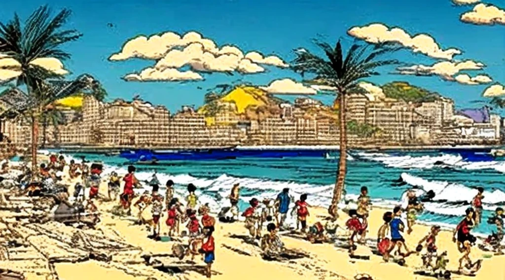 cartoon of a beach scene with people walking and riding bicycles, rio de janeiro in an anime film, by Hiroshi Nagai, by Hirohiko Araki, by Candido Bido, by Yanagawa Nobusada, by Hiroshi Honda, laurent durieux, by Nakahara Nantenbō, by Watanabe Kazan