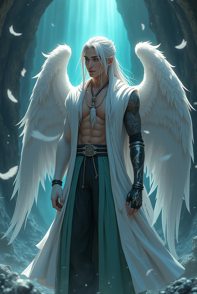 male fallen angel, pale skin, olhos brilhantes, roupa preta, luz azul pairando a sua volta, quarto escuro, segurando ampulheta.