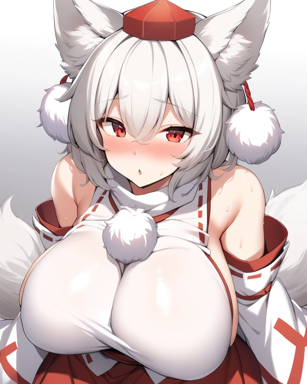 masterpiece,best quality,momiji_touhou, inubashiri_momiji_touhou, solo, 1girl, detached_sleeves, blush, red_eyes, bare_shoulders, huge breasts, pompom, 