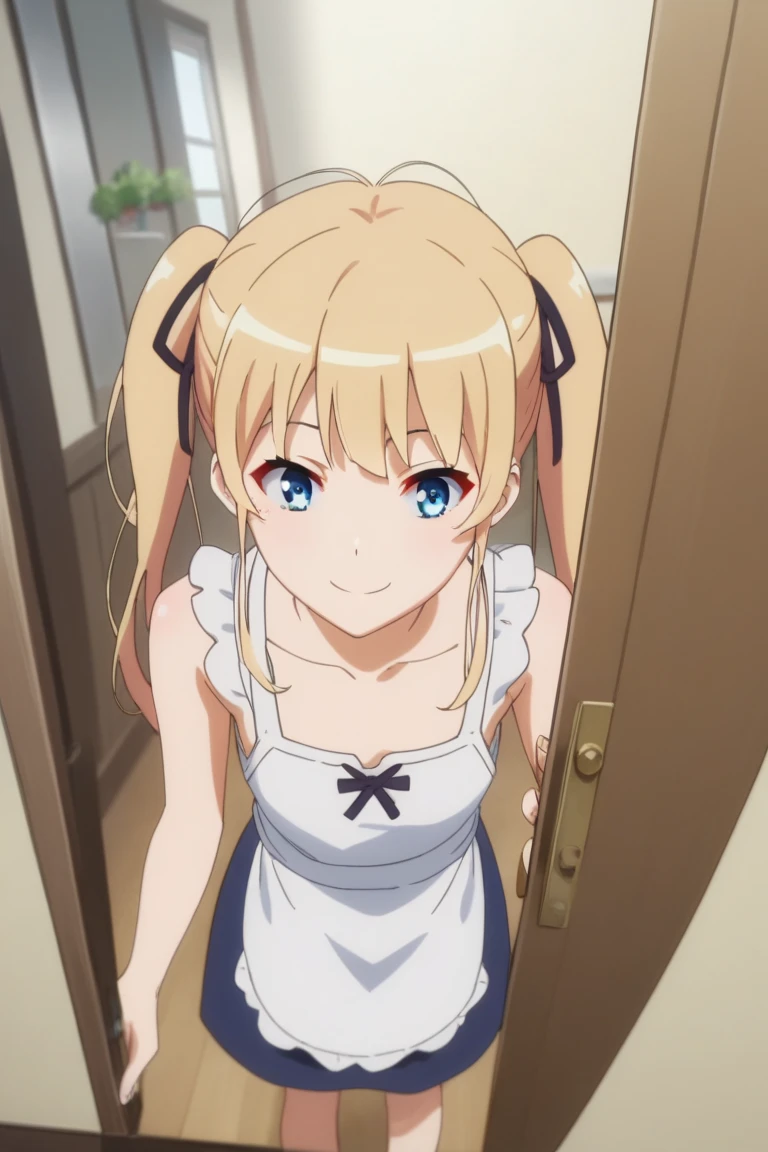 1girl,Eriri blonde hair,blue eyes,sawamura spencer eriri,long hair, small breast, twintails,black ribbon,     High Resolution, Masterpiece, High Quality,  anime screencap,  dynamic angle, takeda hiromitsu style,     happy, doorway, greeting, contemporary apartment, apron, pov, smile, sleeveless