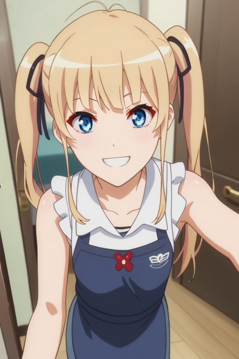 1girl,Eriri blonde hair,blue eyes,sawamura spencer eriri,long hair, small breast, twintails,black ribbon,     High Resolution, Masterpiece, High Quality,  anime screencap,  dynamic angle, takeda hiromitsu style,     happy, doorway, greeting, contemporary apartment, apron, pov, smile, sleeveless