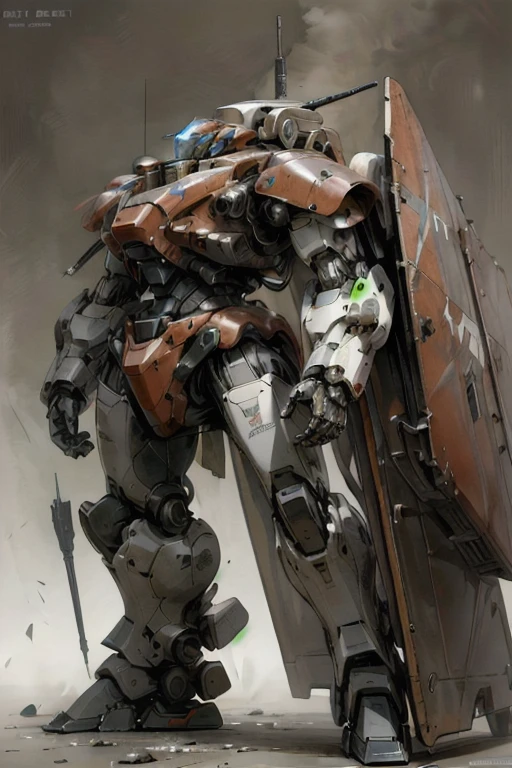 best quality,masterpiece,highly detailed,ultra-detailed, militaryrobot, mecha,battlerobot, science fiction, no humans, concept art, ww1 battle robot huge palette on shoulder, stylized,abstract background