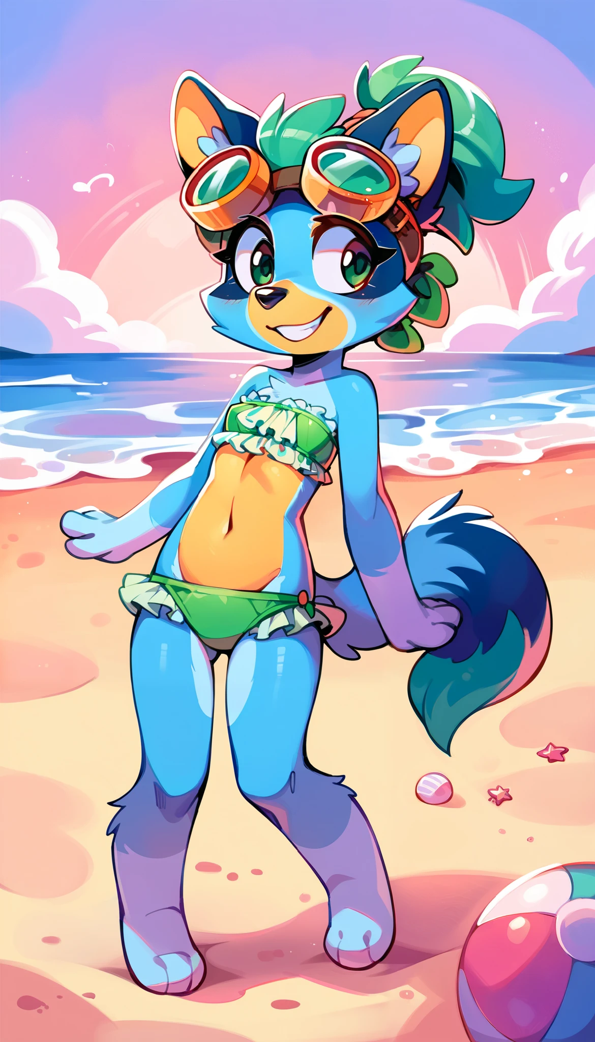 score_9, score_8_up, score_8, 1girl, source_cartoon, source_furry, blueyxl, bluey heeler, loli, furry girl, short messy hairstyle, cowboy shot, anthro, furry, tail, blue body, animal ears, flat shaded background, :3, whimsical, mischievous, feminine, female, slender figure, slim body, short body, tiny body, detailed fur texture, ((goggles, green frilly strapless bikini top, midriff, green ruffled bikini bottom)), navel, beach, clear sky, navel, gorgeous body, anime style, 2D, full body, feets with three toes,