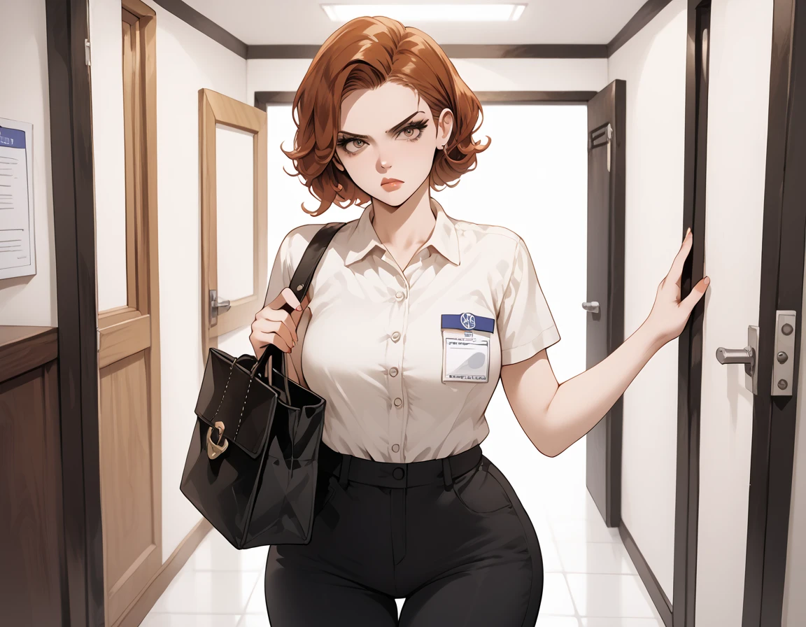 {{score_9, score_8_up, score_7_up, source_anime, rating_safe}} soft shading, 1girl, auburn hair, straight_hair, lips, brown_eyes, employee_uniform, wide_hips, denin_pants, annoyed, upset, frowning, carrying a satchel, standing at a a front door, looking at the viewer.