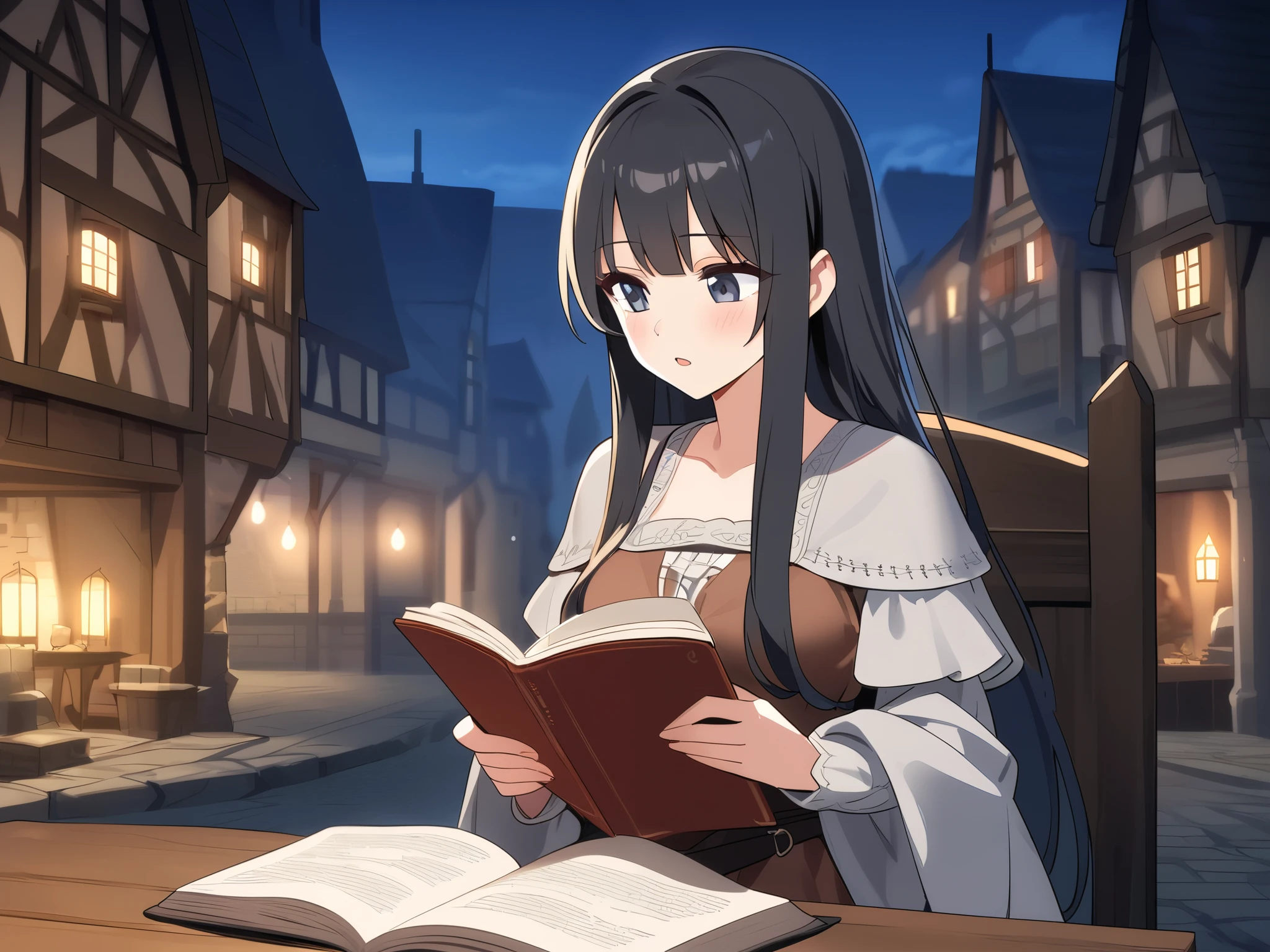 ,  high definition ,  long hair,  black hair, reading、 cm apart、Night Town、 medieval European style、clear、 adult woman