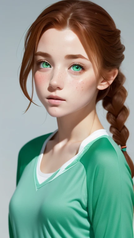 super realistic images, ginger teenager girl, cute face, An ennui look、french braid、ash gray hair、green eyes, a little freckled, doing yoga, Three line sweatshirt、I can see your belly button、sports bra、Jacket, highest quality、ultra high resolution、master piece:1.5、Portrait