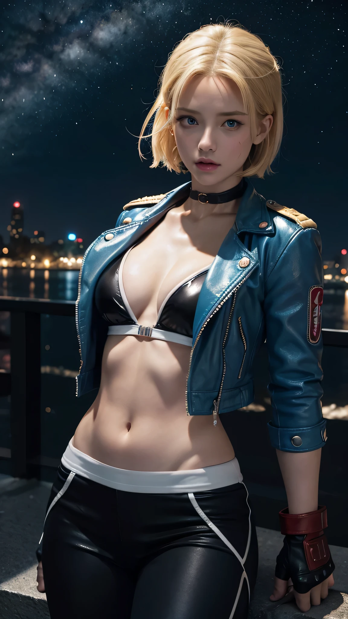 (best quality, 8k, highres, photorealistic:2.0), (solo, one girl:2.0),(lighting:front),(lighting: strong),(american beauty:2.0),(women of adult age:1.9),(girl is very muscular:1.5),(shiny skin:1.5),(oily skin:1.5),(platinum blonde hair color:1.5),(((medium breasts))),(location is a street),(ultimate beautiful girl),(very elegant and sophisticated woman),(slut girl fashion style wear),(((Super low rise pants:1.5))),((leather jacket zip full open)),(navel is visible),(abdomen is visible),(waist is visible),((low rise denim pants:1.5))),(((hip hugging pants:1.5))),(low waist pants),Blush brown makeup , dark eye makeup ,pink lipstick,(big eyes girl:1.3),(amazing sex appeal),(unzip pants:1.6),(Open the bottom zipper:1.5),(gold necklace),(pull your pants down a little)