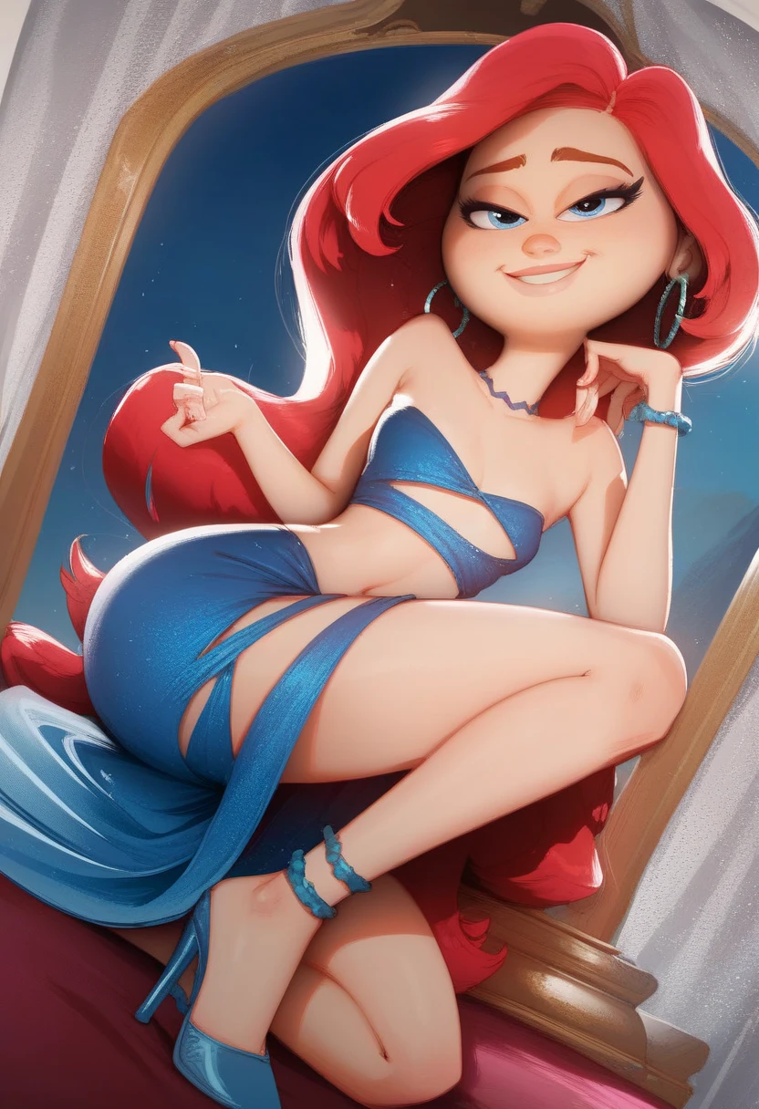 create a 3D movie poster inspired by Disney Pixar, The scene should be in Pixar's signature digital art style, com uma imagem caricatural que lembra a cantora brasileira "Anita" in the prone position, Wearing a bikini while a tattoo artist is sitting tattooing with a giant ring on one hand, inside a tattoo parlor.