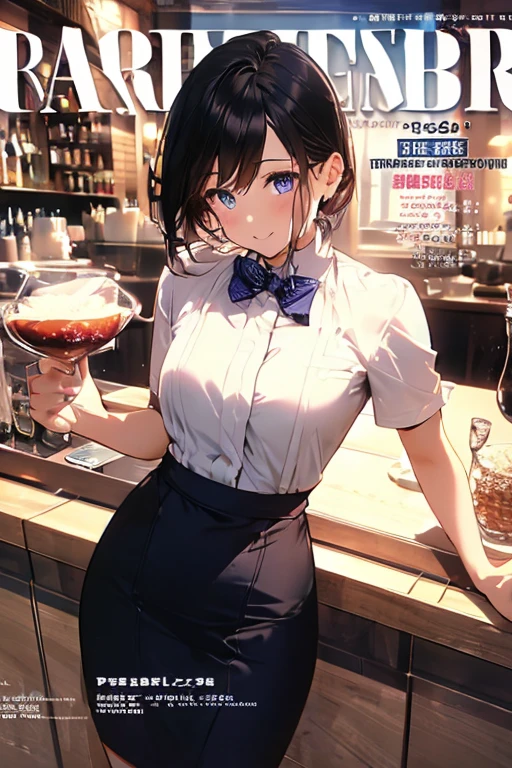 (from above:1.2,Best Quality),a girl , platinum color hair、bartender uniform,Purplish blue eyes that dreamers desire, small stature, medium , Lori face, (masutepiece:1.2, Best Quality), (finely detailed beautiful eye: 1.2), (beautifull detailed face), (perky chest:1.2), (pointed chest:1.1), (bratender magazine cover:1.5)，(Best Illumination, extremely delicate and beautiful), sexy pose,make a coffee , in a bar counter, morning light, Short bob hair（1:3）,Ultra Contrast、Braid a little around the ears, black bartender uniform dress、Sexy and qute pants、You can't see inside your underwear,mocking look、nffsw,Arms crossed、grab the arm、Shoot 、breastuscular pussy、little Pubic hair,high-level image quality、hightquality、8K,perfect hand、5 fingers、finger pin、Perfect Finger,noise cut、Her hair color should have been a brighter blue,(The bartendre skirt dress part is also carefully expressed:1.4)、the skirt is floating in the wind:1.2、Dark purple panties,(with sparkling eyes and a contagious smile),open mouth, highest quality, high resolution,Real World, Natural light,perfect Natural light, Looking at Viewer,